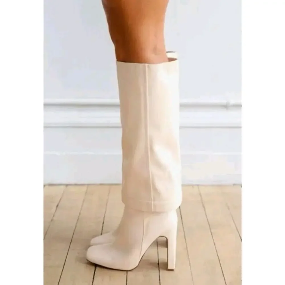 Lulu's Lorlia Women's Almond Square Toe Knee High Fold Over Boots Size 8 Beige - Picture 3 of 9